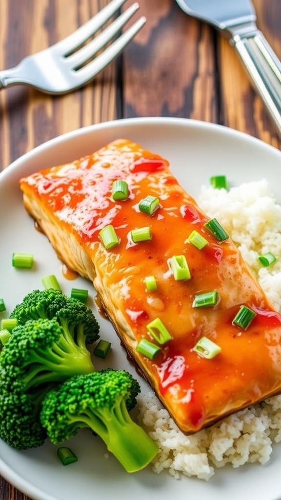 Honey garlic glazed salmon with green onions on a white plate, served with broccoli and rice.
